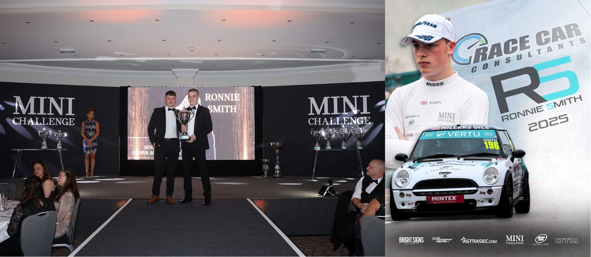 Ronnie Smith at the MINI Challenge awards and race car, representing Southgate Timber’s support of local motorsport talent through sponsorship.
